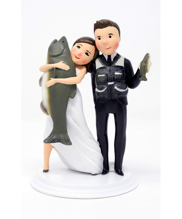 Wedding Cake Toppers - Unique and Funny Fishing Wedding Cake Toppers Bride  and Groom (Light Skin - Dark Hair) - CN180L6OKGQ